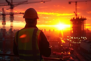 Engineer Overseeing Construction Site at Sunset, Illuminated by a Vibrant Orange Sky