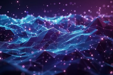 Vibrant Digital Landscape with Neon Waves and Glowing Particles in an Abstract Night Sky