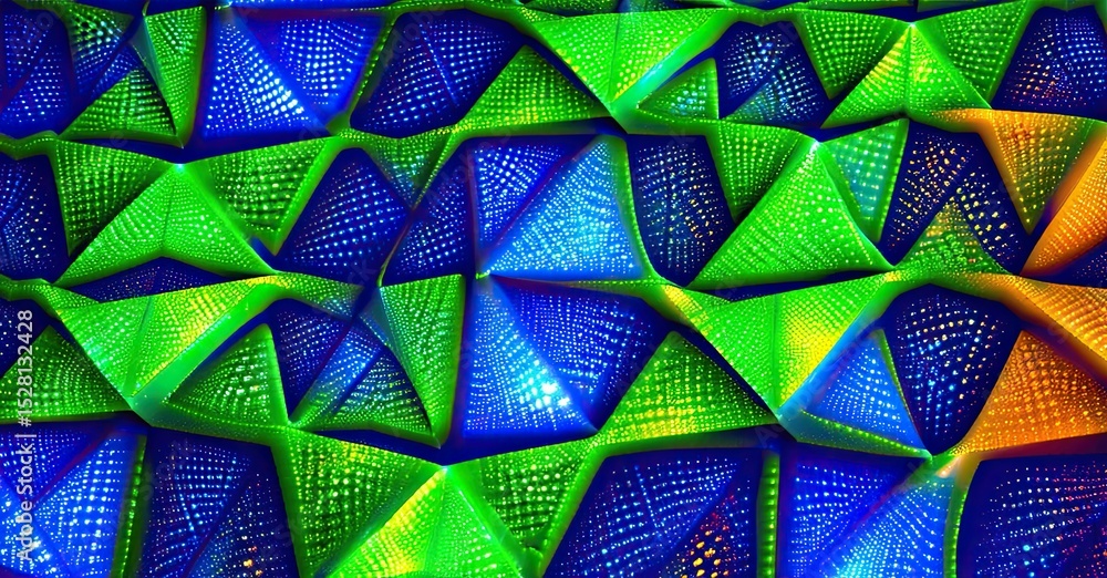 Aufkleber Bright colorful geometric pattern. Repeating triangular shapes create textured visual effect. Vivid hues dominate composition.