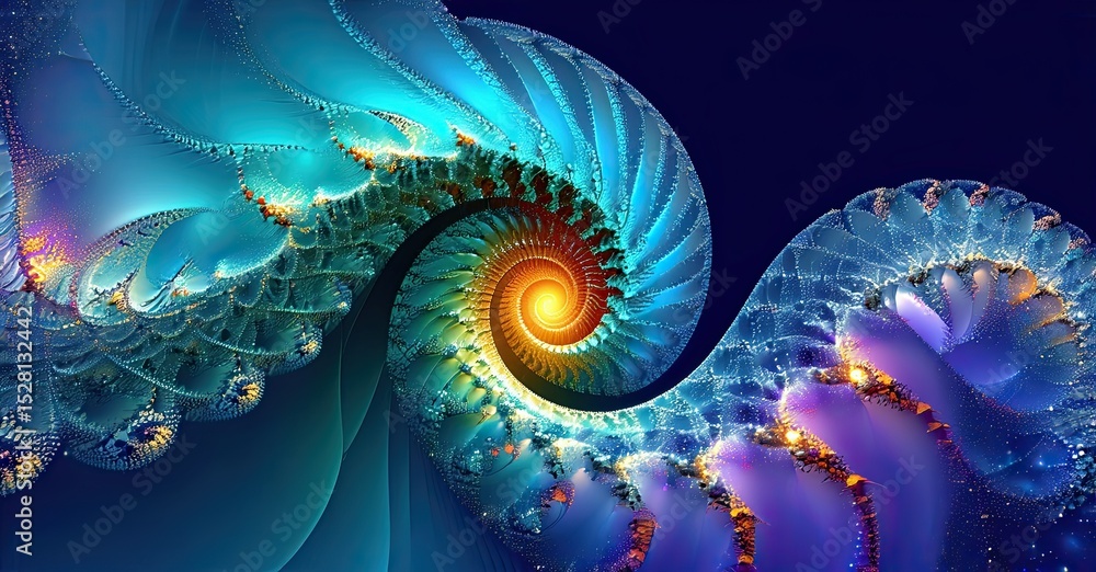 Poster fractal spiral design. vivid blues, purples, oranges create complex patterns. abstract digital art, 