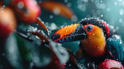 Naklejka premium A colorful toucan perched amidst lush foliage, its vivid hues illuminated by droplets of rain, showcasing the vibrancy and charm of tropical wildlife in their habitat.