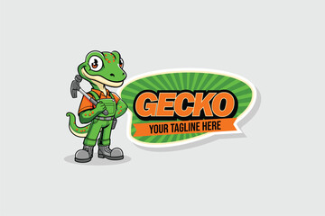 Gecko with hammer cartoon character design mascot vector image template