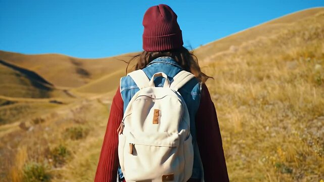 Back view of a solo traveller with a beige backpack walking along a narrow dirt path through golden grassy hills under a bright blue sky
