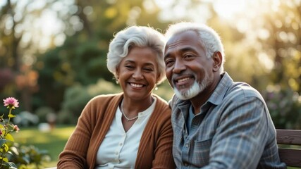 Elderly couple smiling while sitting on a bench in a park during sunset - Powered by Adobe