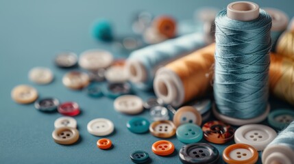 A vibrant arrangement of spools of thread and assorted buttons sprawled across a tabletop, showcasing the beauty and variety of crafting materials in sewing projects.