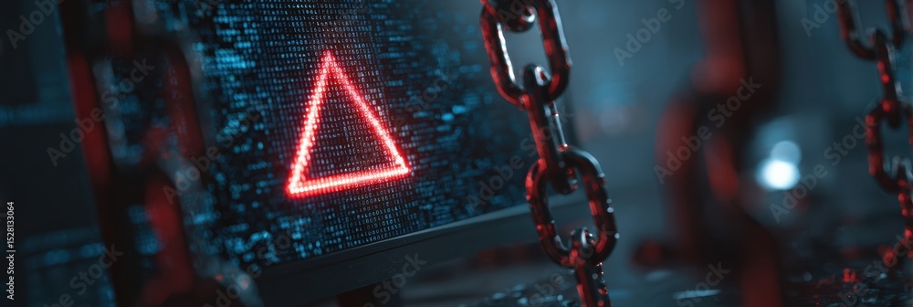 Aufkleber Warning Triangle Displayed on Computer Monitor Surrounded by Digital Chains in a Dimly Lit Environment