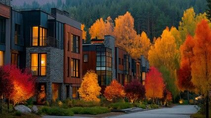 Newly constructed luxury homes in a residential area and vibrant autumn foliage