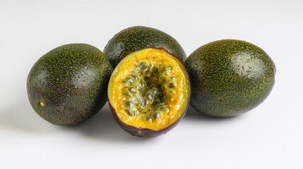 Three passion fruits on a white background. The fruit concept of tropical fruits is highlighted. The image emphasizes the freshness and vibrant colors of the fruit.