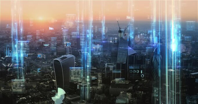 Aerial Smart City with Communication Network Concept. 5G, IOT, AI, AR, NFT, Telecommunications. Financial Hologram Data. London, England, United Kingdom. - Powered by Adobe