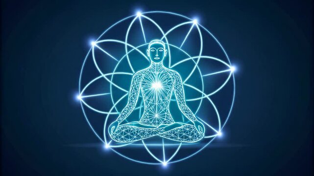 Serene Yoga Meditation Abstract Art Background featuring a glowing person in a lotus pose inside a sacred geometry Flower of Life pattern ideal for spiritual wellness content