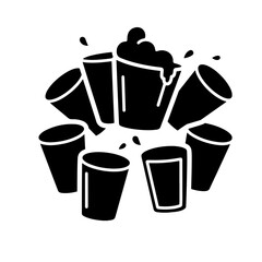 A black illustration of several cups overflowing with foam, suggesting a party atmosphere.