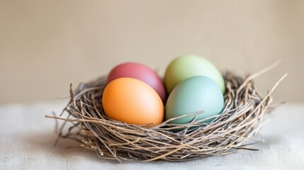 Fototapeta premium A colorful nest with four eggs in it, placed on a light-colored surface with a neutral background.