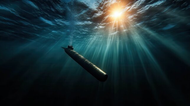 A sleek submarine silently glides through the depths of the ocean, illuminated by rays of sunlight breaking through the water, representing innovation and exploration in marine technology.