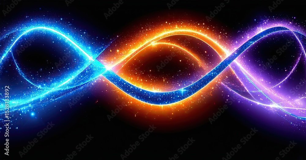 Aufkleber Bright luminous waves intertwine against dark backdrop. Vivid colors create dynamic, flowing pattern. Energy radiates from glowing lines.