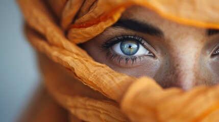 A striking close-up image showcases a captivating blue eye framed by a vibrant orange scarf, revealing immense emotion and depth reflective of individual beauty.