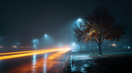A foggy night scene with light trails and a tree illuminated by street lamps on a wet road