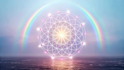 Serene Seascape featuring a Radiant Geometric Mandala and a Vibrant Rainbow arching over tranquil ocean waters creating a spiritual and peaceful atmosphere. - Powered by Adobe