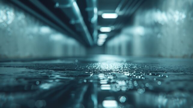 A serene image featuring a glossy reflective surface in a modern industrial space, evoking feelings of solitude and contemplation, with an atmospheric ambiance.