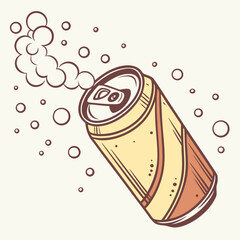 Cartoon soda can with bubbles and steam rising in a playful style  
