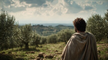 Concept photo of a person with their back turned, gazing out at the vast olive grove and feeling the weight of the world on their shoulders, just as Jesus did in this very spot.