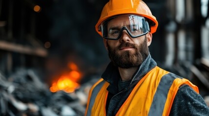 A strong man stands confidently in a construction site, wearing safety gear, embodying determination, hard work, and professionalism in the building and construction industry.