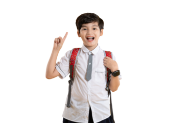 Portrait of Asian kid boy wearing school uniform and carying backpack posing on yellow background	
