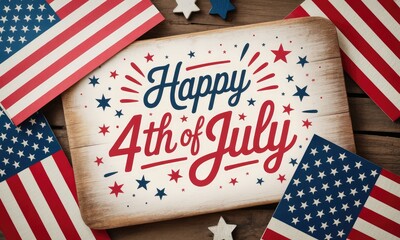 Fototapeta premium Happy 4th of july rustic wooden sign with flags and stars