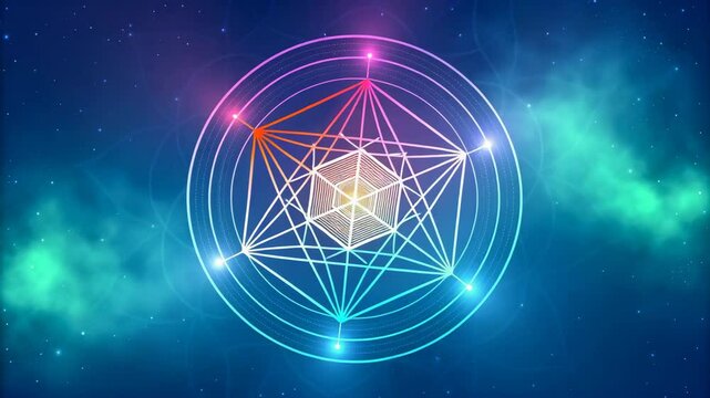 Vibrant Metatron Cube Mandala Spiritual Geometry Art Background featuring sacred geometry shapes and cosmic nebula design ideal for meditation yoga spiritual practices and more