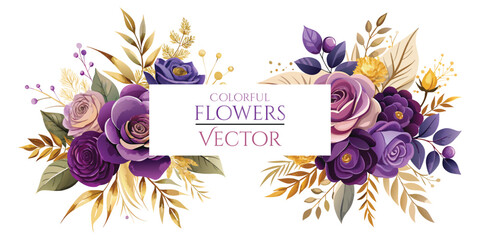Vibrant Purple and Gold Flowers PNG - Colorful Floral Vector Bouquets
