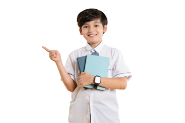 Portrait of Asian kid boy wearing school uniform and holding book posing on png background