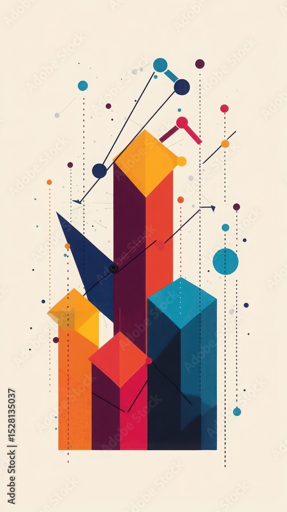 Poster abstract geometric composition with colorful blocks lines and circles on a cream background