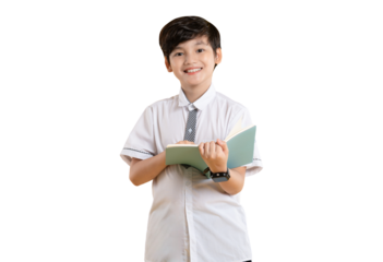 Portrait of Asian kid boy wearing school uniform and holding book posing on png background