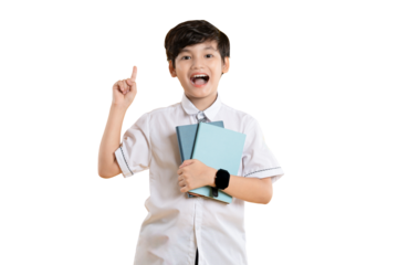 Portrait of Asian kid boy wearing school uniform and holding book posing on png background