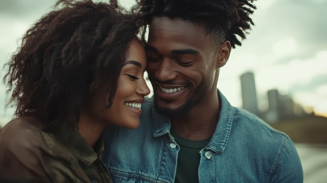 A joyful couple embraces outdoors with smiles, conveying happiness and love against a scenic urban backdrop that highlights their strong emotional connection.