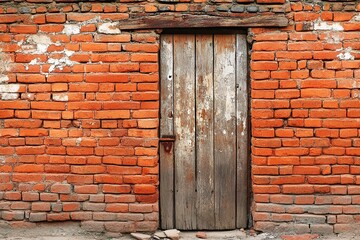 A red brick wall with an old wooden door, captured in a straight-on view. The door is weathered