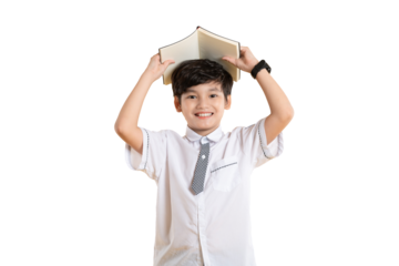 Portrait of Asian kid boy wearing school uniform and holding book posing on png background