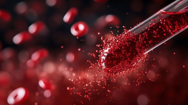 A dramatic close-up of blood droplets splashing from a test tube, emphasizing the themes of science, health, and life’s fragility in a visually striking manner.