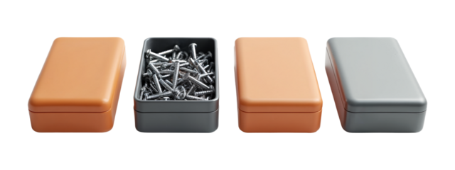 A set of three rectangular metal boxes with screws in them.