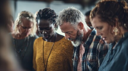 Fototapeta premium Concept photo of a group of diverse people coming together in prayer, showing how faith unites individuals from all backgrounds.