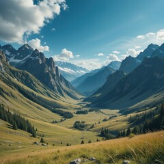Obraz premium Grand Panorama of Snow-Capped Peaks and Green Valley