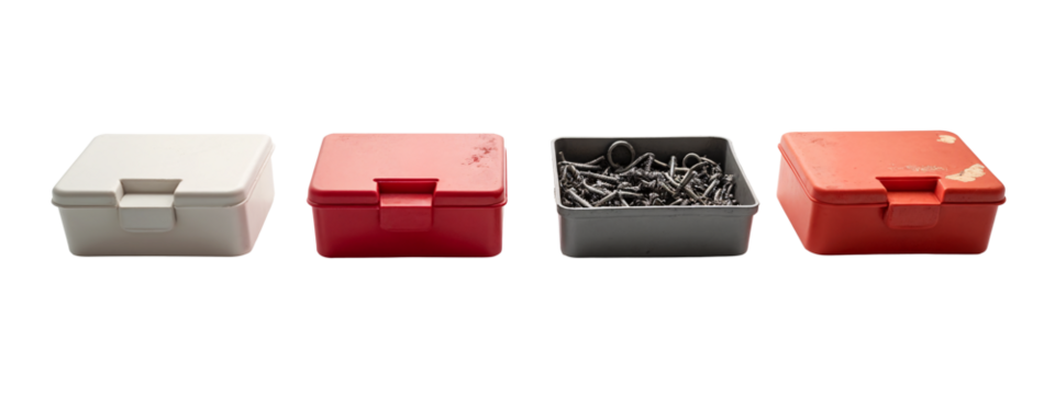 A set of three metal boxes with a red lid and a gray lid.