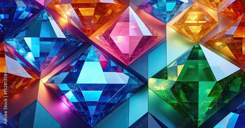 Poster Abstract geometric shapes, vibrant colors, light reflections create dazzling visual experience. Complex patterns, sharp angles dominate composition.