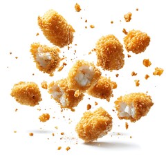 A cluster of crispy golden-brown breaded fish nuggets exploding mid-air against a stark white background