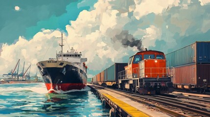 A cargo ship and a freight train at a port, symbolizing multi-modal transportation.