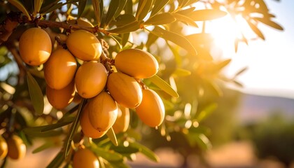 Ripe Argan Fruits on Branch with Sunset.