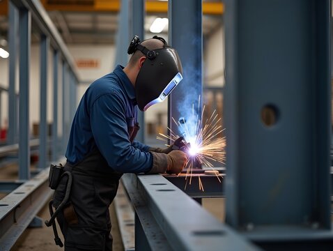 welder working on steel frame at construction site