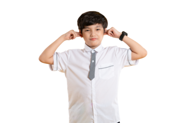 Portrait of Asian kid boy wearing school uniform and holding book posing on png background