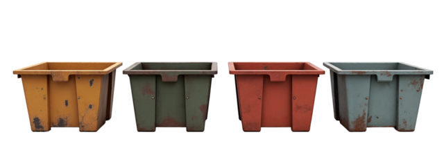 A set of four different colored trash cans