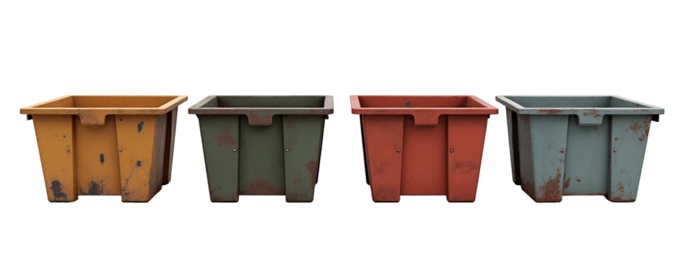 A set of four different colored trash cans