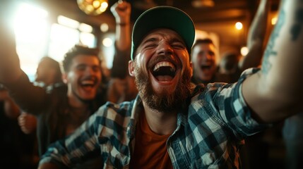 A group of cheerful friends celebrating joyously in a social setting with bright lighting, showcasing the essence of camaraderie and happiness in communal experiences.